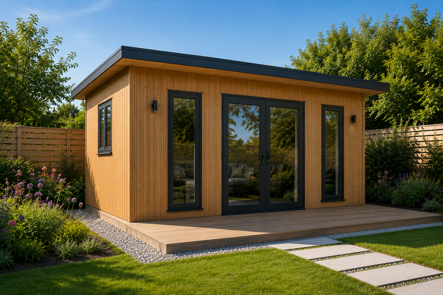 Premium log cabin in a beautifully landscaped garden
